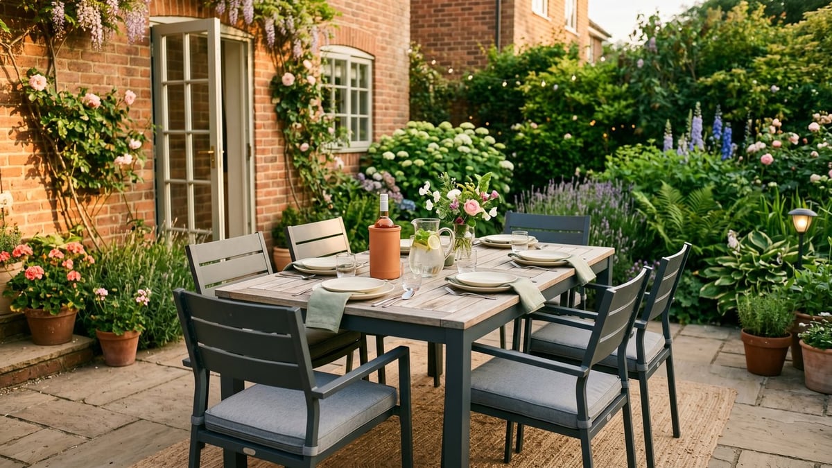 Anthracite-grey aluminium 6-seater garden dining set laid for dinner on a UK suburban patio
