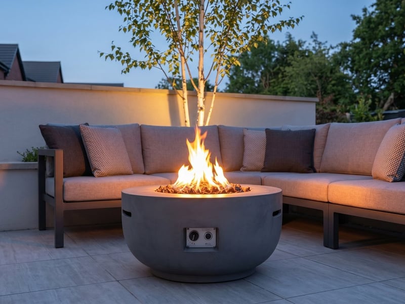Happy Cocoon 91cm round grey gas fire pit lit beside a corner sofa on a modern UK patio at dusk