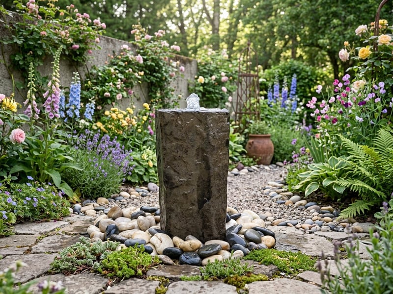 Drilled Basalt Column water feature 60cm tall in an English garden border with foxgloves and roses