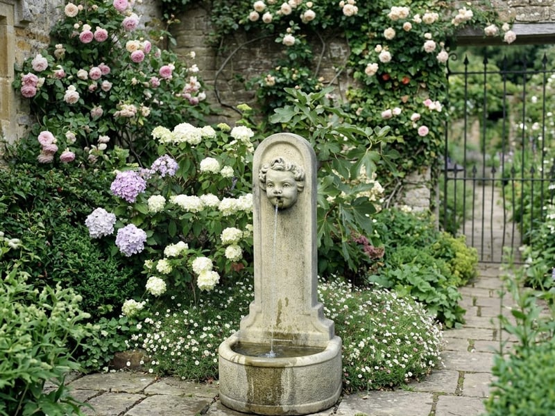 Garden Cherub Upright stone pedestal fountain in a Cotswold cottage garden with climbing roses and hydrangeas