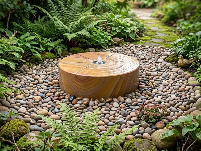Large Mill Wheel Rainbow Sandstone water feature in a fern and pebble UK garden