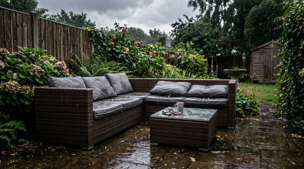 UK garden rattan corner sofa in heavy rain with cushions visibly soaked dark, showing the everyday cost of leaving garden furniture exposed