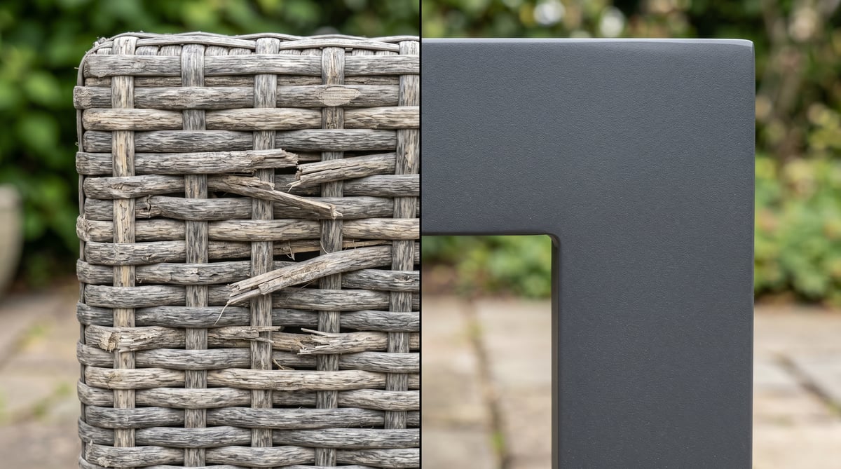 Side by side comparison of weathered synthetic rattan with fraying strands and pristine powder-coated aluminium frame showing the durability difference in UK gardens