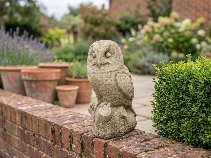Cast stone barn owl garden ornament on a low brick wall beside a clipped box hedge in a suburban patio garden