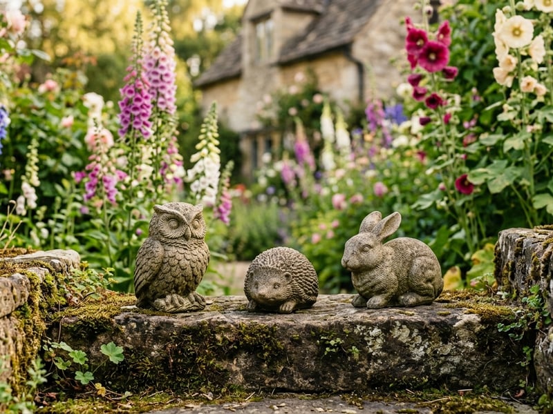 Stone animal garden ornament gift ideas UK including owl hedgehog and rabbit figures in a cottage garden border