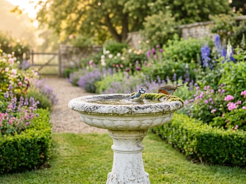 Stone bird bath garden ornament gift idea in a traditional UK garden setting