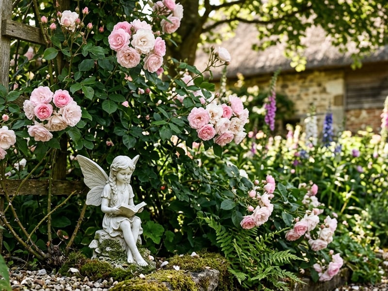 Fairy garden ornament gift ideas UK including reading fairy and curtseying fairy in a cottage garden