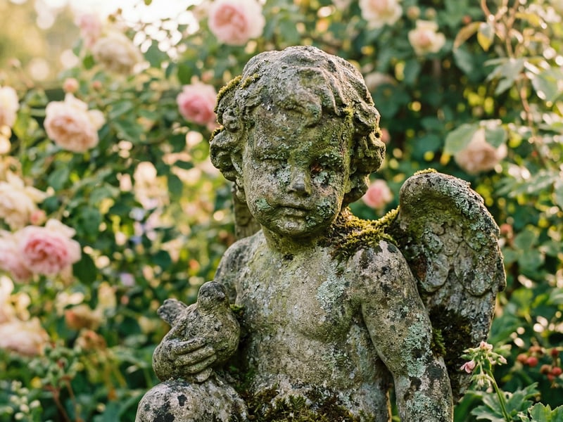 Cast stone garden statue showing natural moss and lichen patina after two years outdoors in an English cottage garden