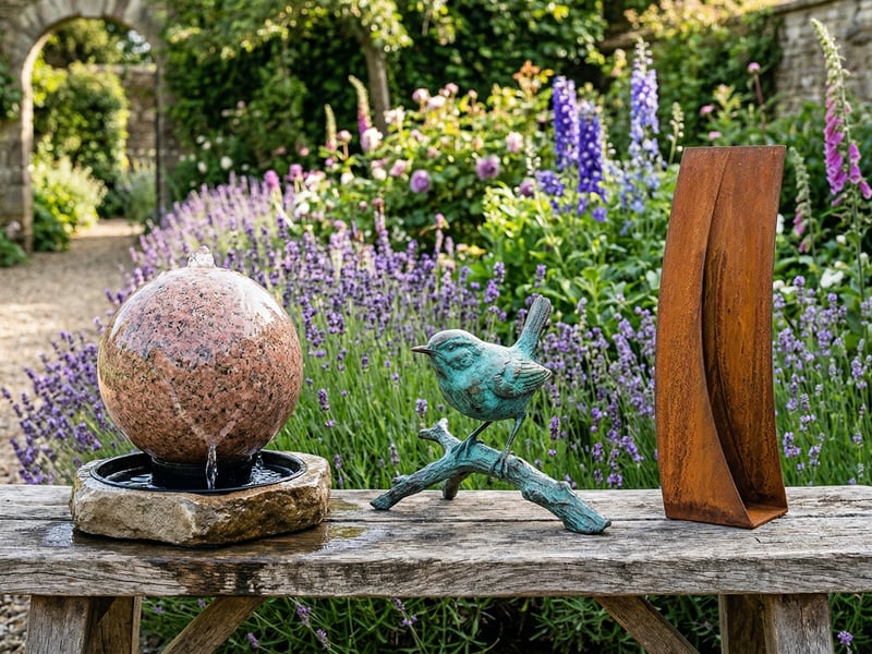 Polished granite sphere, verdigris bronze bird sculpture, and rusted corten steel blade displayed together in an English garden for material comparison