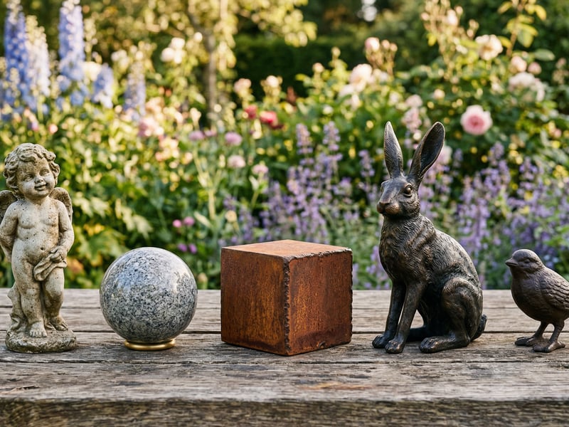 Garden ornament materials comparison showing cast stone, granite, corten steel, bronze-effect resin and cast iron pieces on oak table in English garden