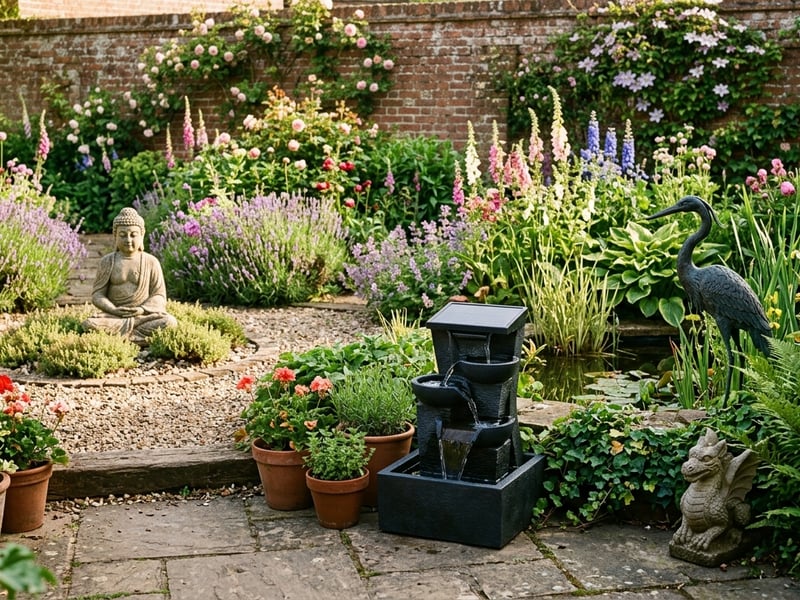 Garden ornament trends 2026 showing a stylish UK garden with stone Buddha, metal wildlife sculptures and solar water feature