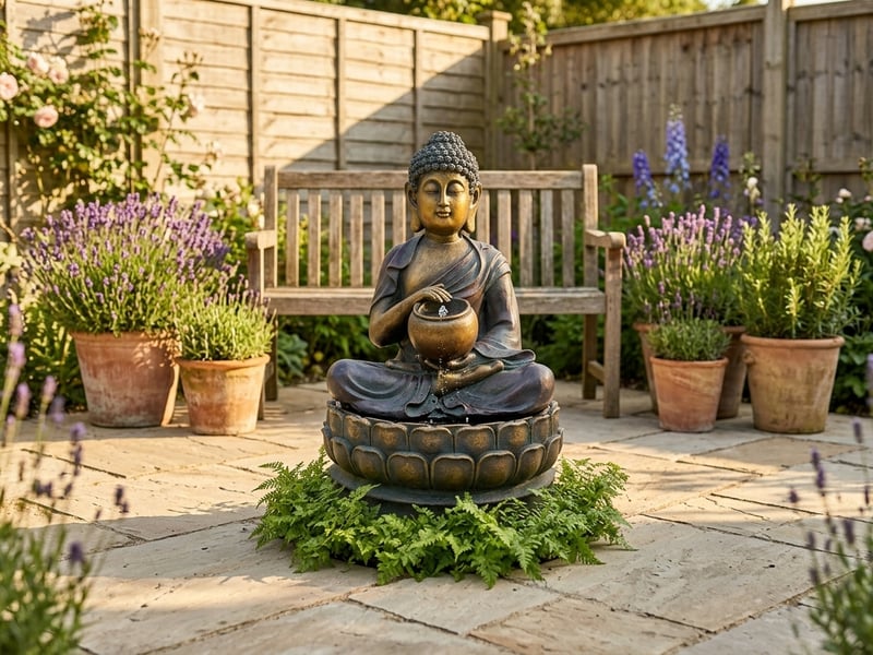 Garden ornament trends 2026 Calming Buddha solar water feature on a sunny UK patio with water flowing