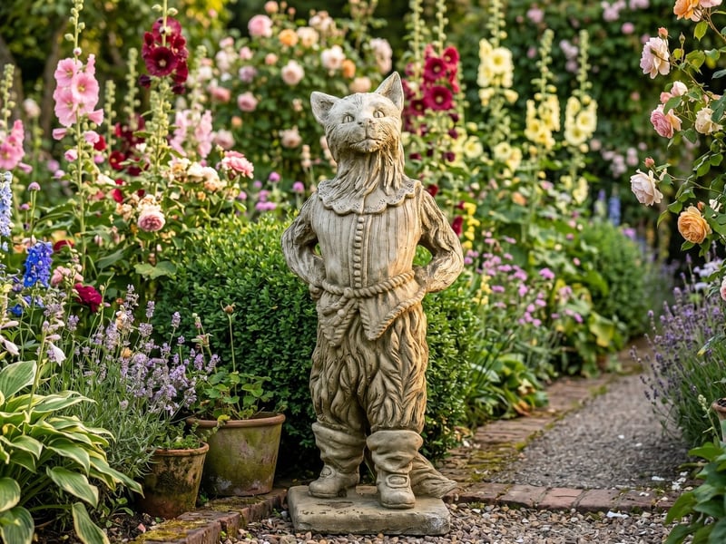 Dick Whittington's Cat statue in cast stone standing 920mm tall beside a cottage garden path