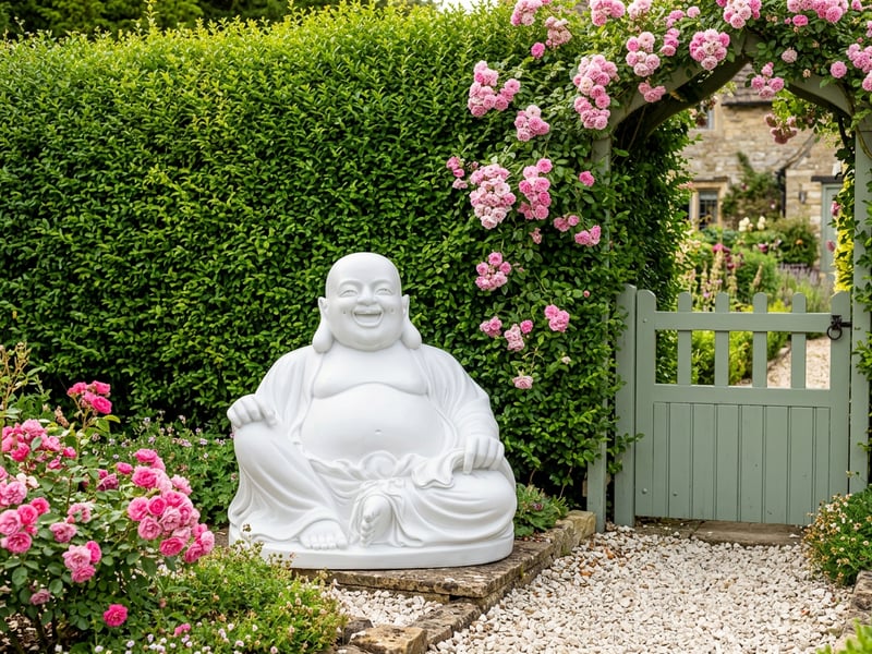 Large laughing Buddha garden statue in white positioned in a UK garden