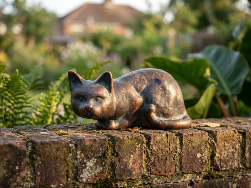 Cast iron lying cat garden ornament with verde bronze patina resting on a brick garden wall in afternoon sun
