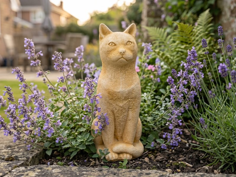 Sandstone sitting cat garden ornament among catmint and lavender at the edge of a garden border