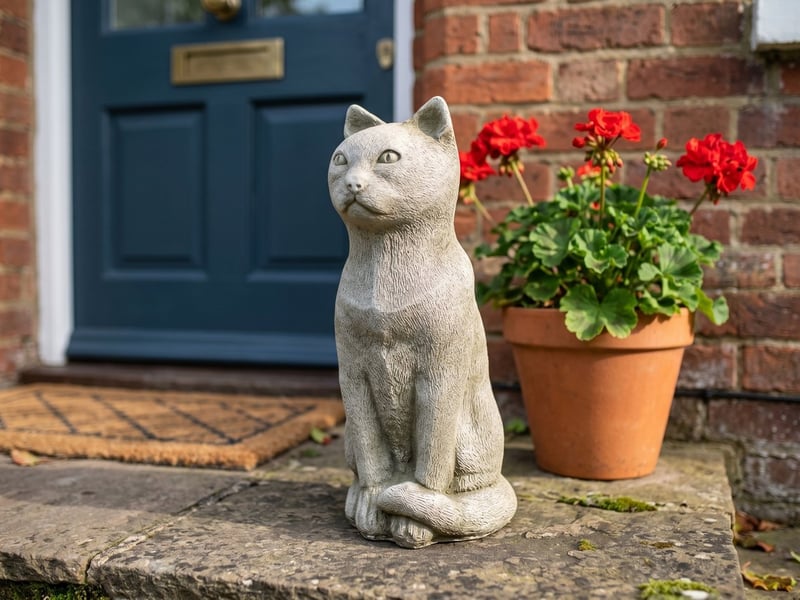 Cat garden ornament UK cast stone sitting cat on the doorstep of a terraced house beside a planted pot