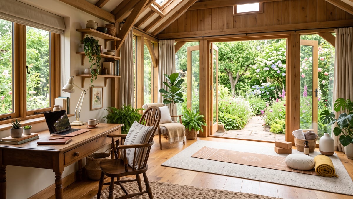 Bright garden room with desk on one side and yoga area on the other