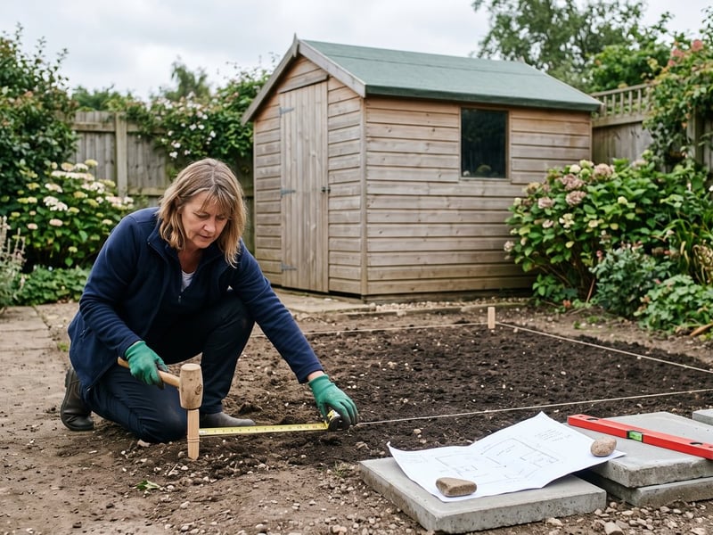 Homeowner measuring and marking a garden shed footprint in a British back garden