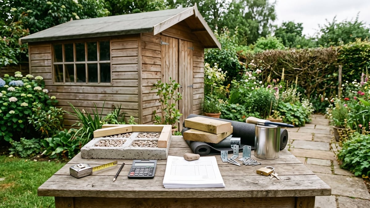 Garden shed price checklist showing building, base, fitting and security costs