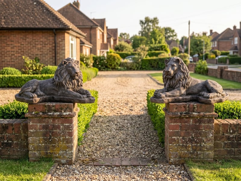 Pair of Chatsworth lion garden statues in cast stone flanking a brick entrance, showing the lion statue meaning of guardianship