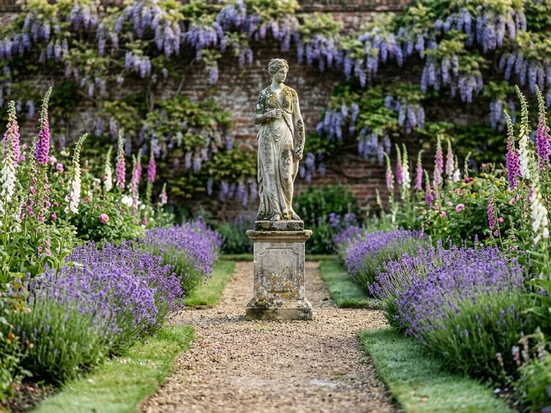 Garden statue positioned as focal point at the end of a garden path in a UK walled garden with lavender borders