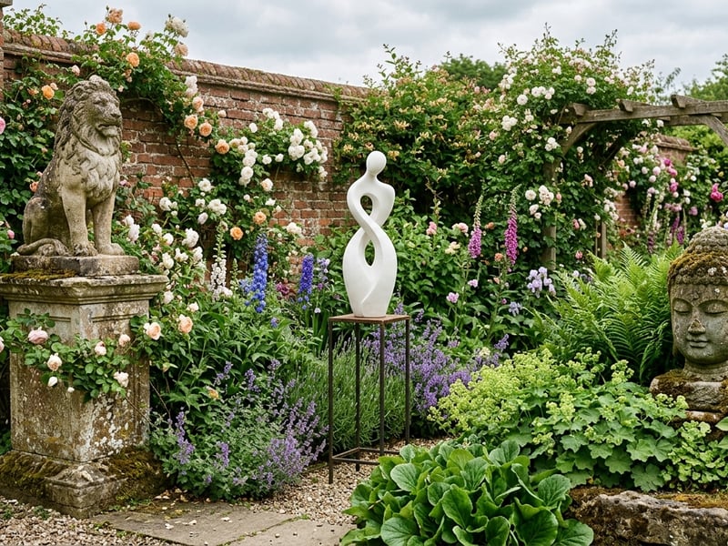 Garden statues showing three different styles including stone lion, contemporary figure and Buddha head in UK cottage garden