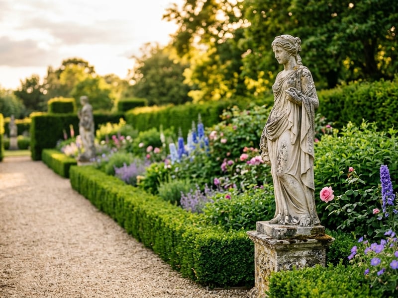 Garden statues in a formal English garden with stone classical figure on pedestal beside clipped hedges