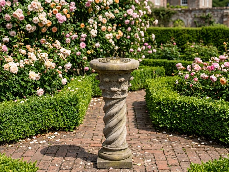 Brass sundial on a Roman stone pedestal in a cottage herb garden with thyme and lavender