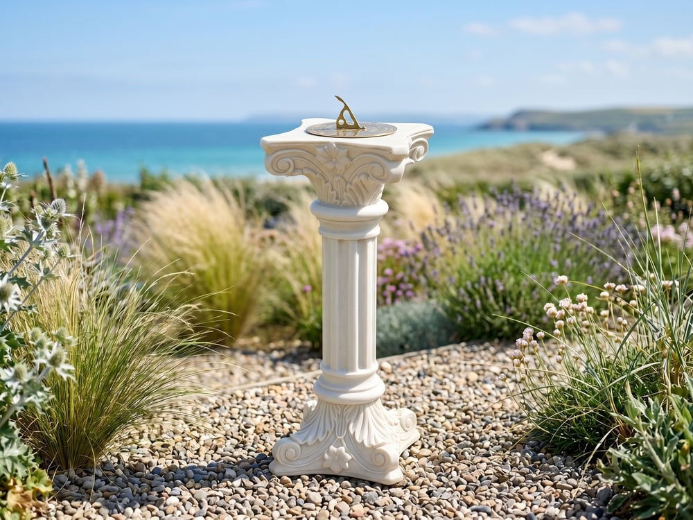 White marble column sundial with an ornate gold brass dial in a bright coastal seaside garden with grasses and gravel