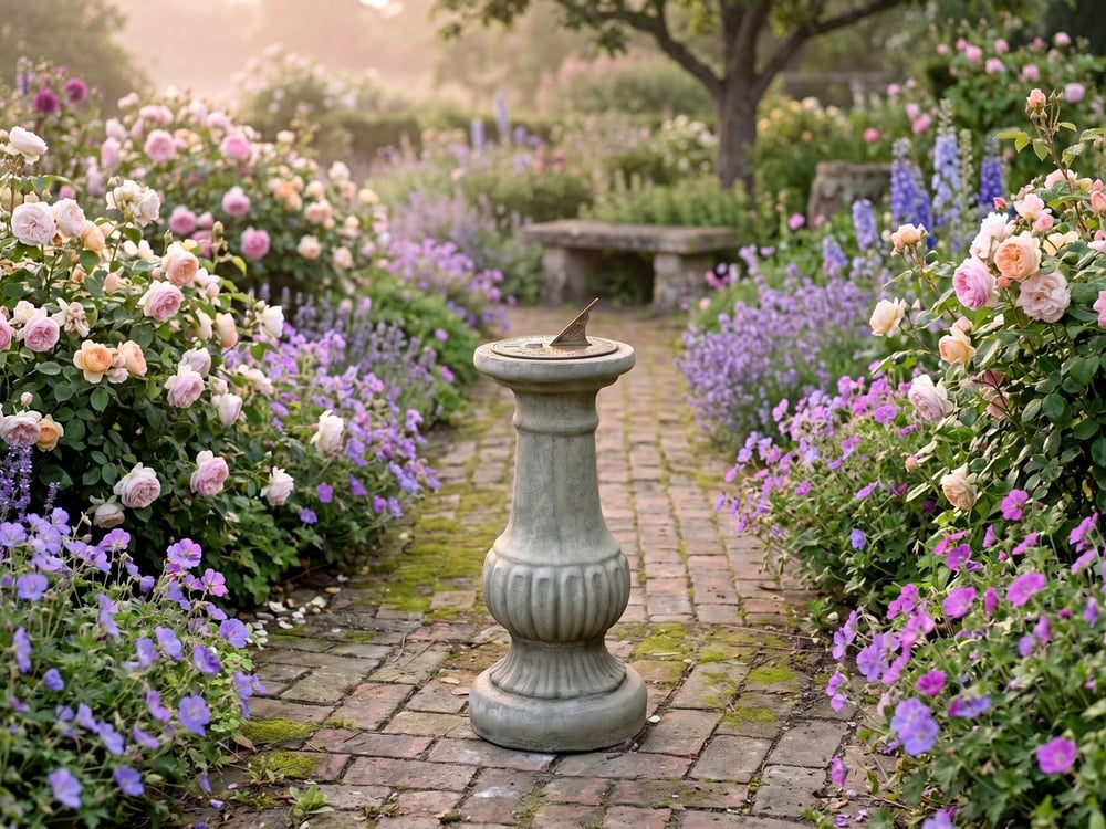 Aged brass sundial on a fluted Victorian stone pedestal on a brick path in an English cottage garden with roses and geraniums