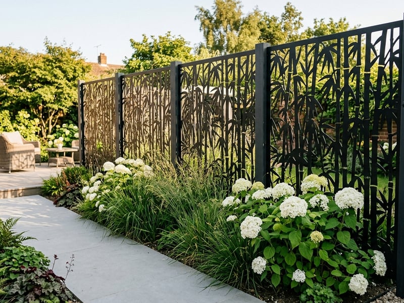 Decorative steel garden screen with bamboo pattern used as modern fence alternative in UK garden with ornamental grasses