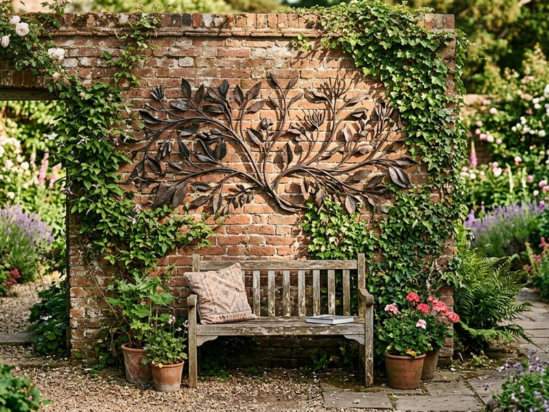 Garden wall art showing decorative metal branch design mounted on weathered brick wall in cottage garden setting