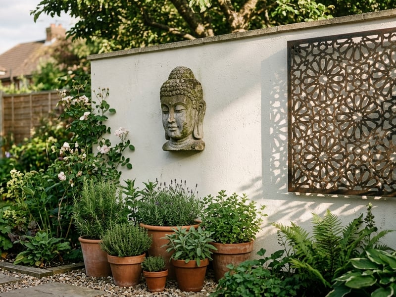 Stone Buddha wall plaque and decorative garden screen mounted on rendered garden wall with herbs at the base