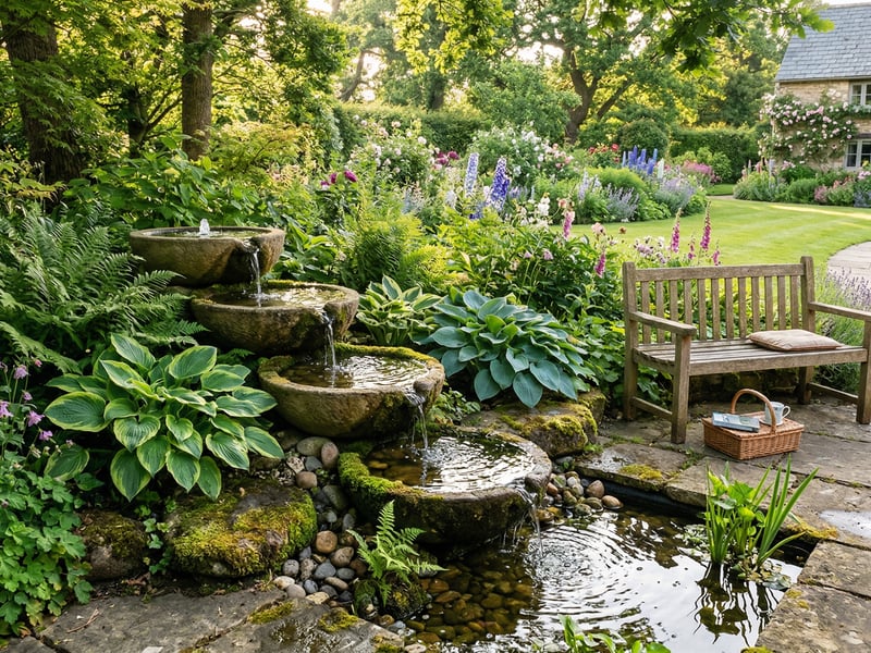 Cascading garden water feature in a UK cottage garden with stone bowls and flowing water surrounded by ferns