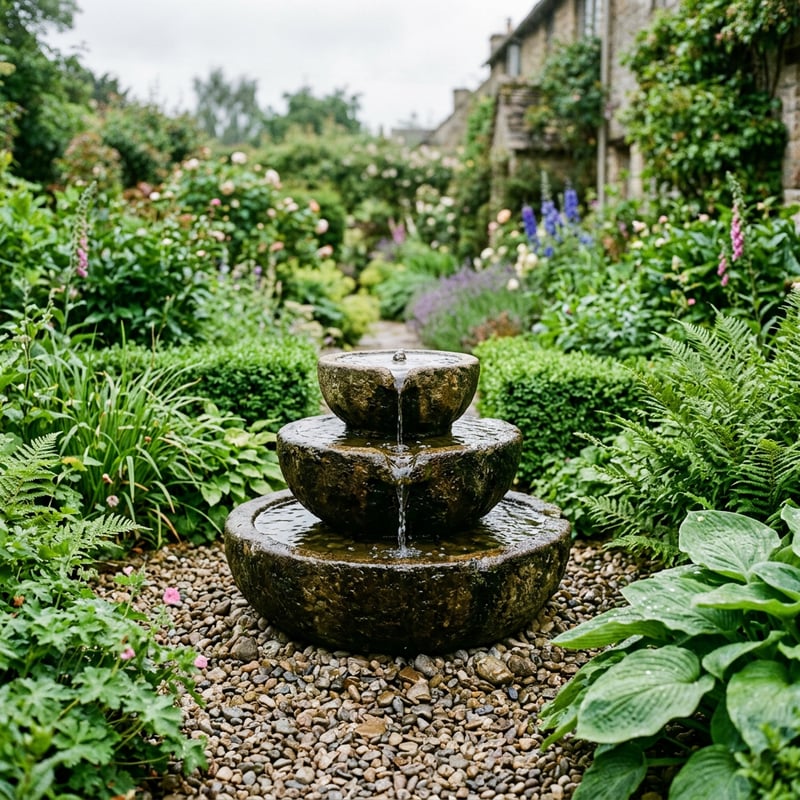 Stone cascading water feature in a lush UK garden with ferns and gravel border