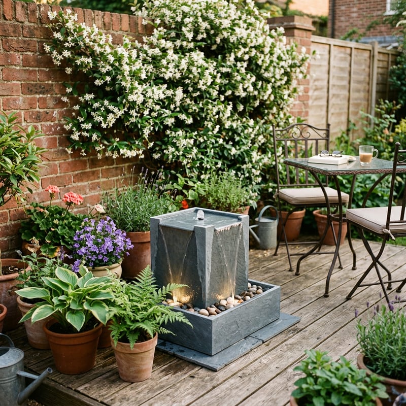 Compact self-contained water feature on a small UK patio with potted plants and decking