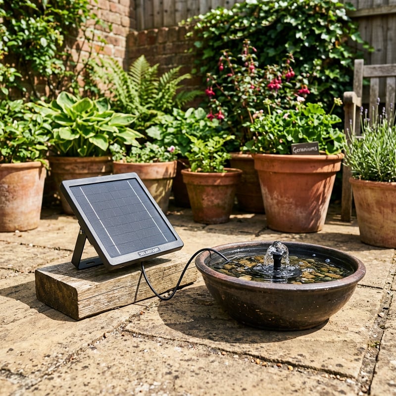 Solar powered water feature pump panel in sunlight on a garden patio
