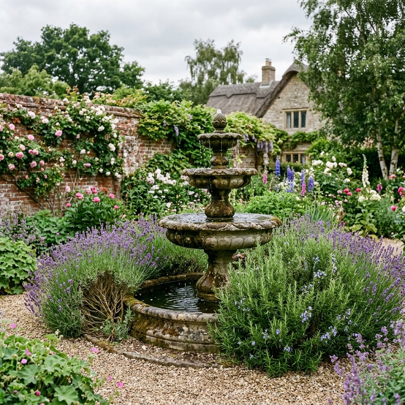 Cast stone garden fountain with tiered bowls on a gravel base surrounded by lavender