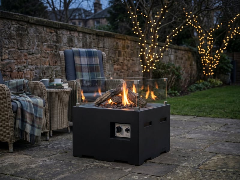 Happy Cocooning 60cm black gas fire pit with glass screen lit in a walled Edinburgh garden at blue hour