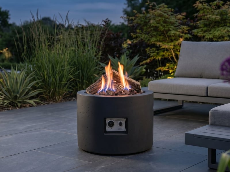 Happy Cocoon round black gas fire pit with clean flames over lava rocks on a contemporary UK patio in the evening