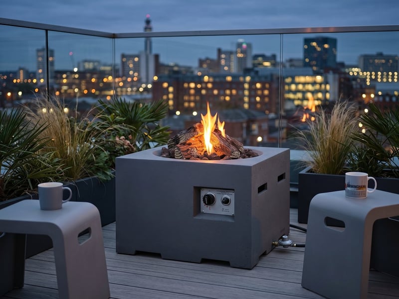 Happy Cocoon 60cm small square grey gas fire pit lit on a Birmingham roof terrace with city lights behind