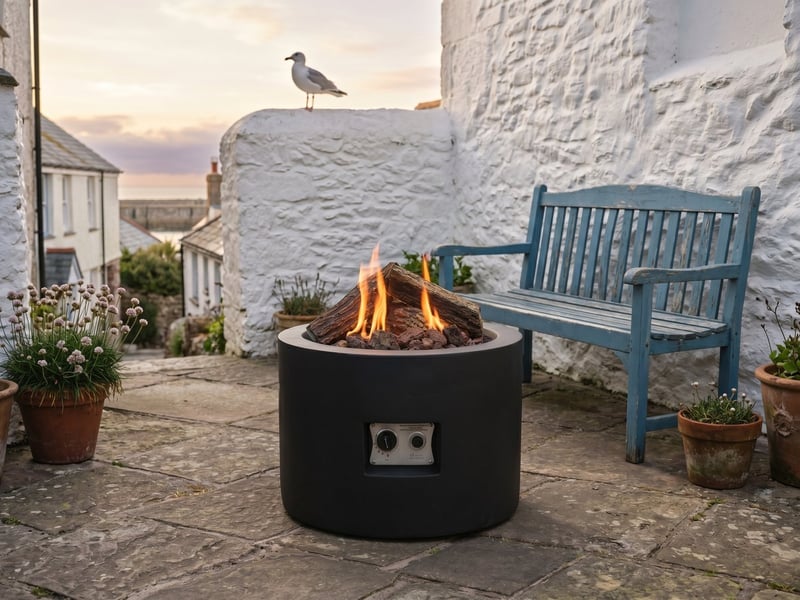 Happy Cocoon 61cm round black gas fire pit lit in a whitewashed Devon seaside courtyard beside a blue bench