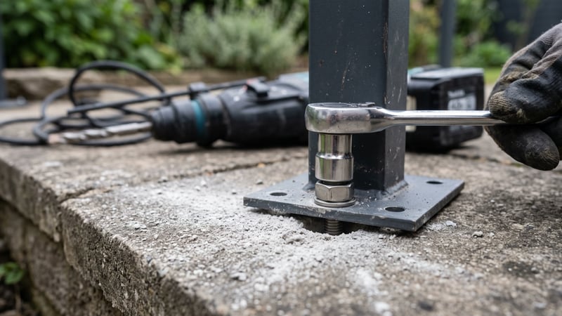 Tightening a stainless expansion anchor through a gazebo foot-plate for metal gazebo installation