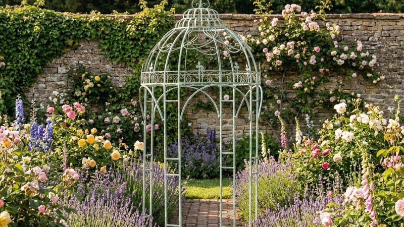Metal gazebo base preparation shown by an ornate gazebo fixed to a paved base in a cottage garden