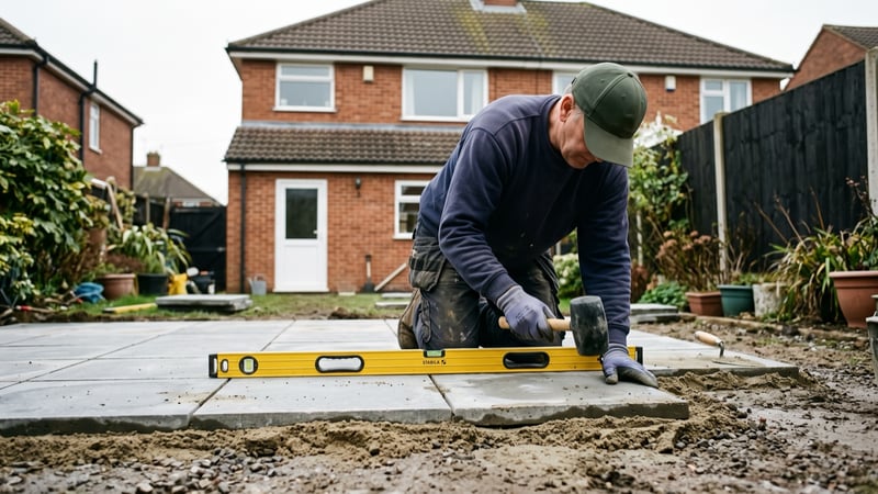 Laying and levelling a paving slab base for gazebo base preparation in a suburban garden