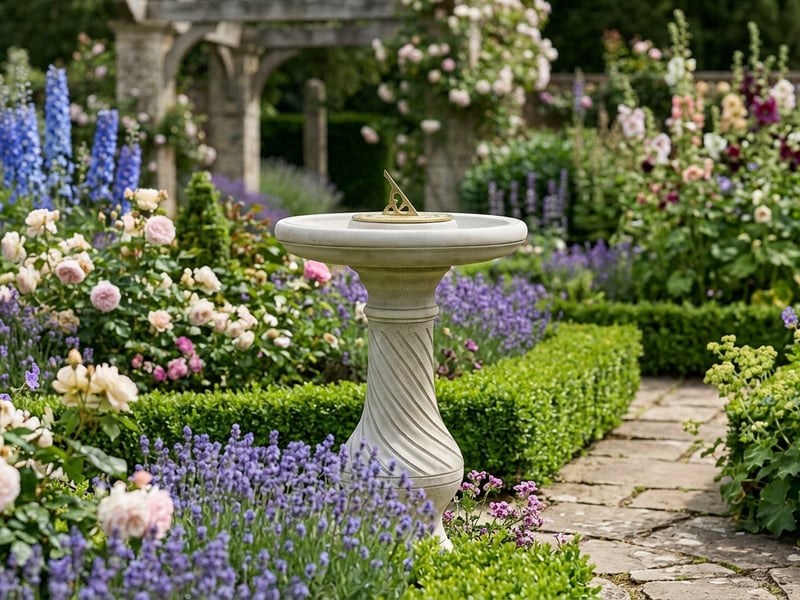 Georgian stone sundial in a formal English garden border with box hedging and gravel path