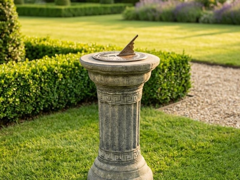 Aged brass sundial on a classical fluted stone pedestal in a UK garden, a classic gift for a gardener