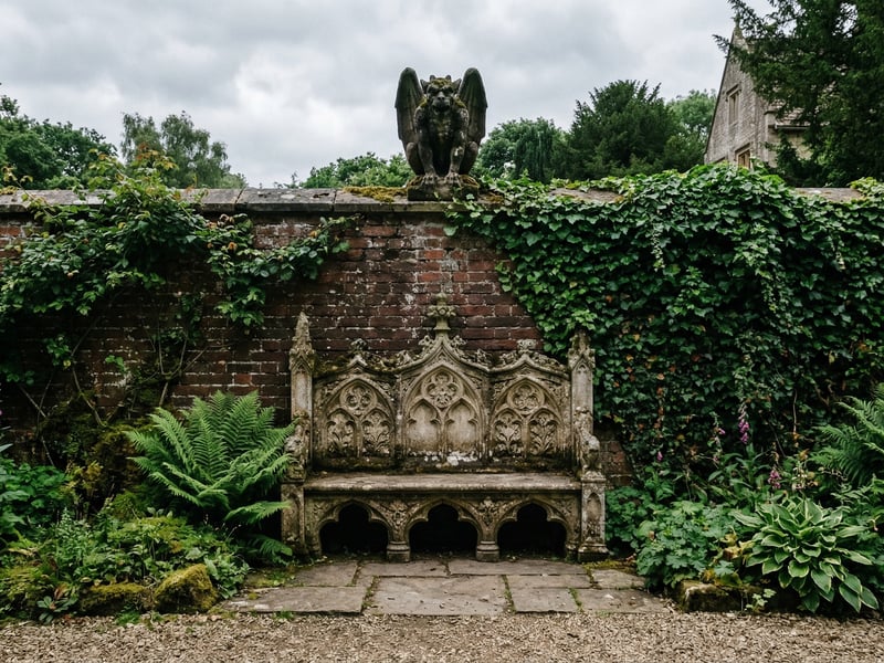 Gothic stone bench with gargoyle ornament in a walled garden with ivy and ferns