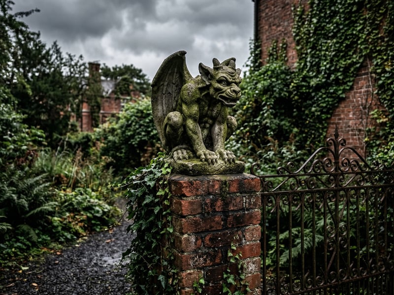 Gothic garden ornament UK stone gargoyle on a brick pillar at a Victorian property entrance
